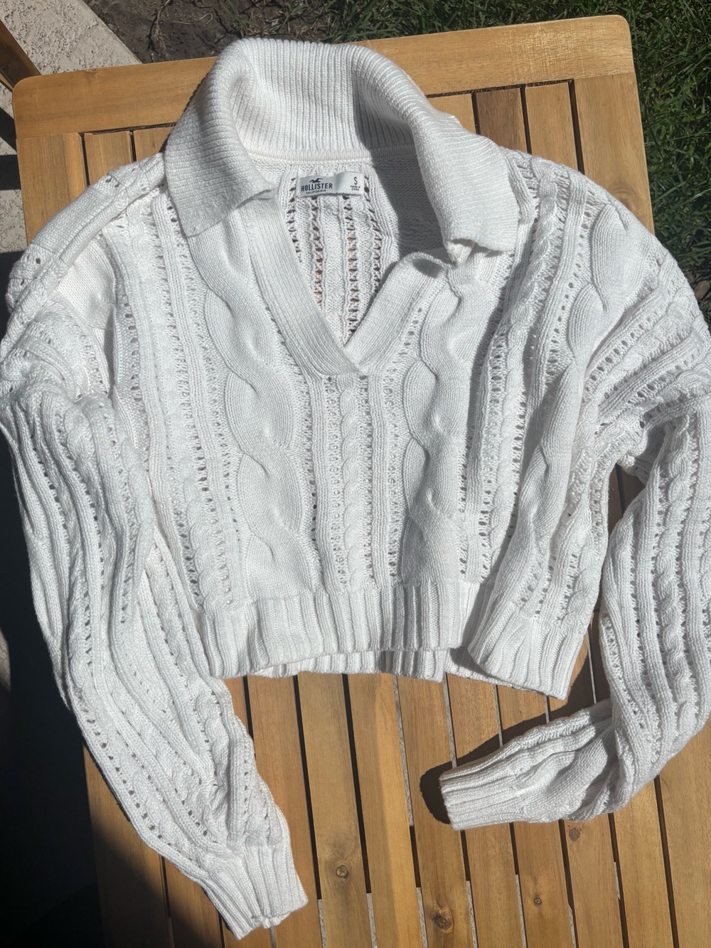 Hollister White Open-Knit V-Neck Collared Sweater